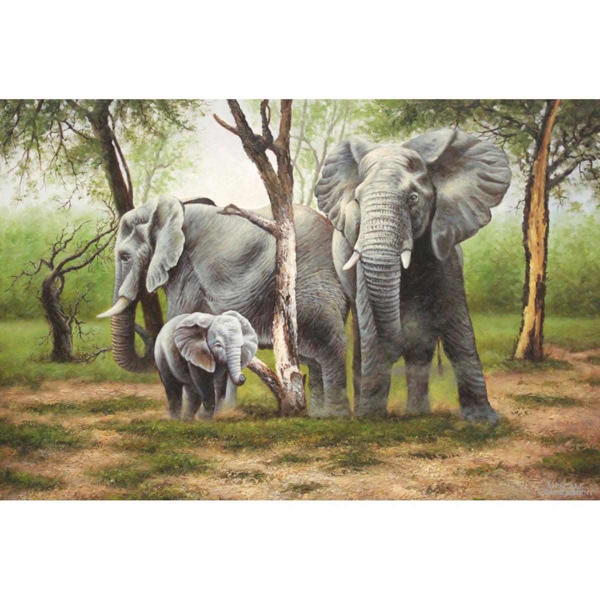 Framed Original Oil Painting - Elephants