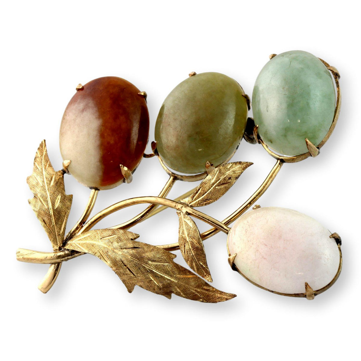 Nephrite Jade Brooch Solid Gold 9K–10K Multi Color Jade Leaf Pin