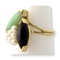 14K Jadeite, Black Coral & Pearl Ring | Hawaiiian Estate Jewelry