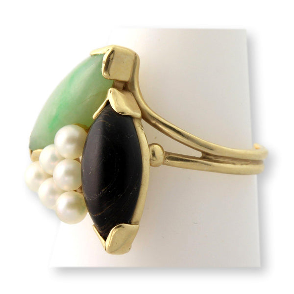 14K Jadeite, Black Coral & Pearl Ring | Hawaiiian Estate Jewelry