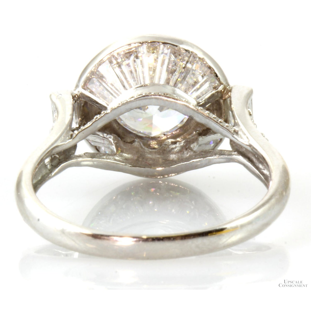 14K White Gold Round & Baguette CZ Tall Halo Ring