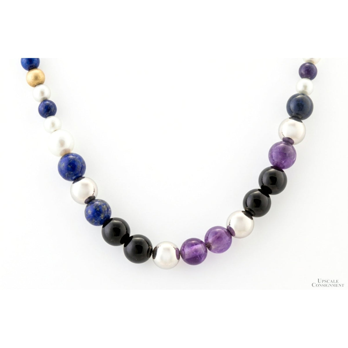 Vintage Gemstone & Pearl Necklace | 14K Gold 18" Chain | Amethyst Lapis Onyx