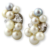 Vintage Cultured Pearl Cluster Earrings | Diamond-Cut Leaf Design