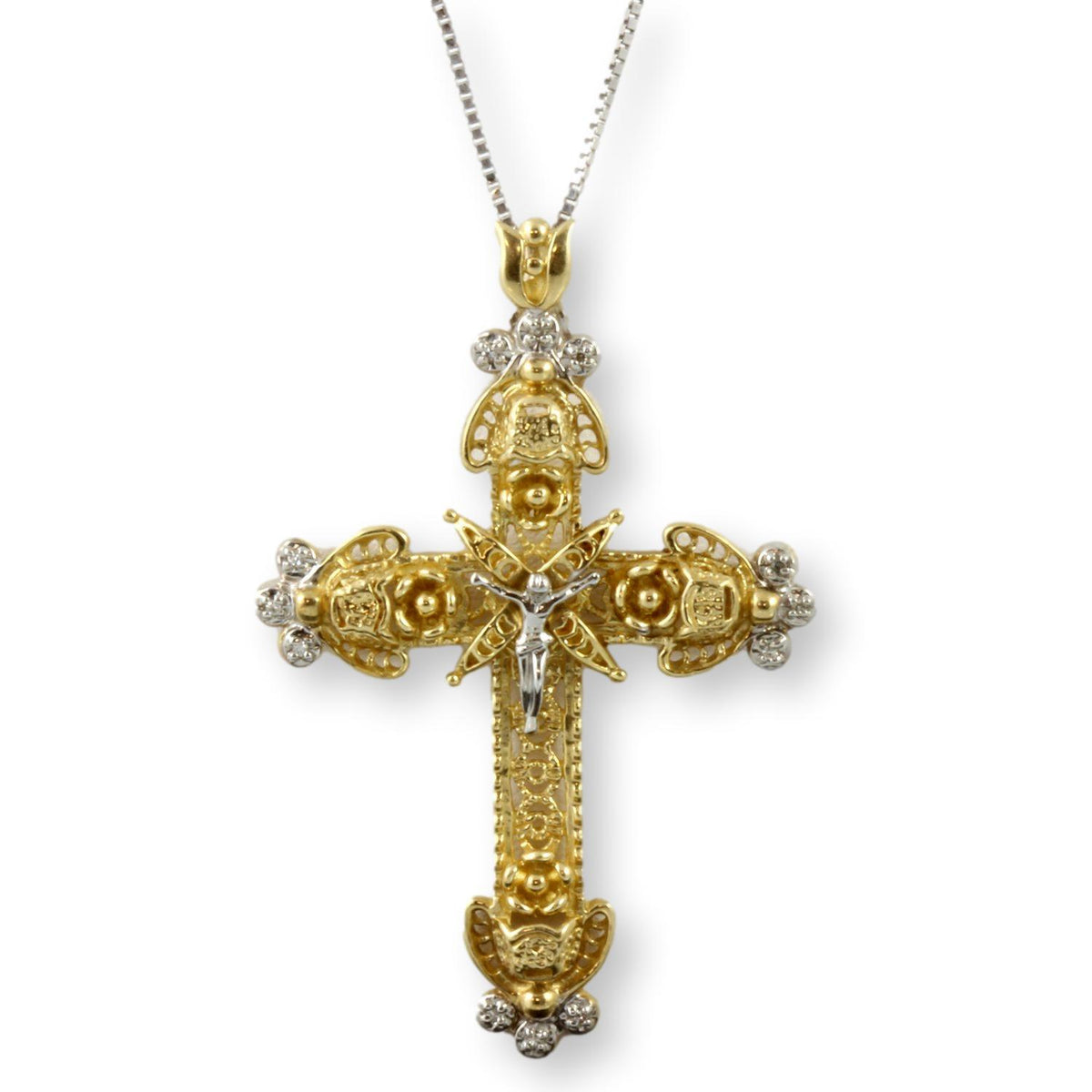 10K Two-Tone Gold Diamond Crucifix Pendant & 14K Gold Chain