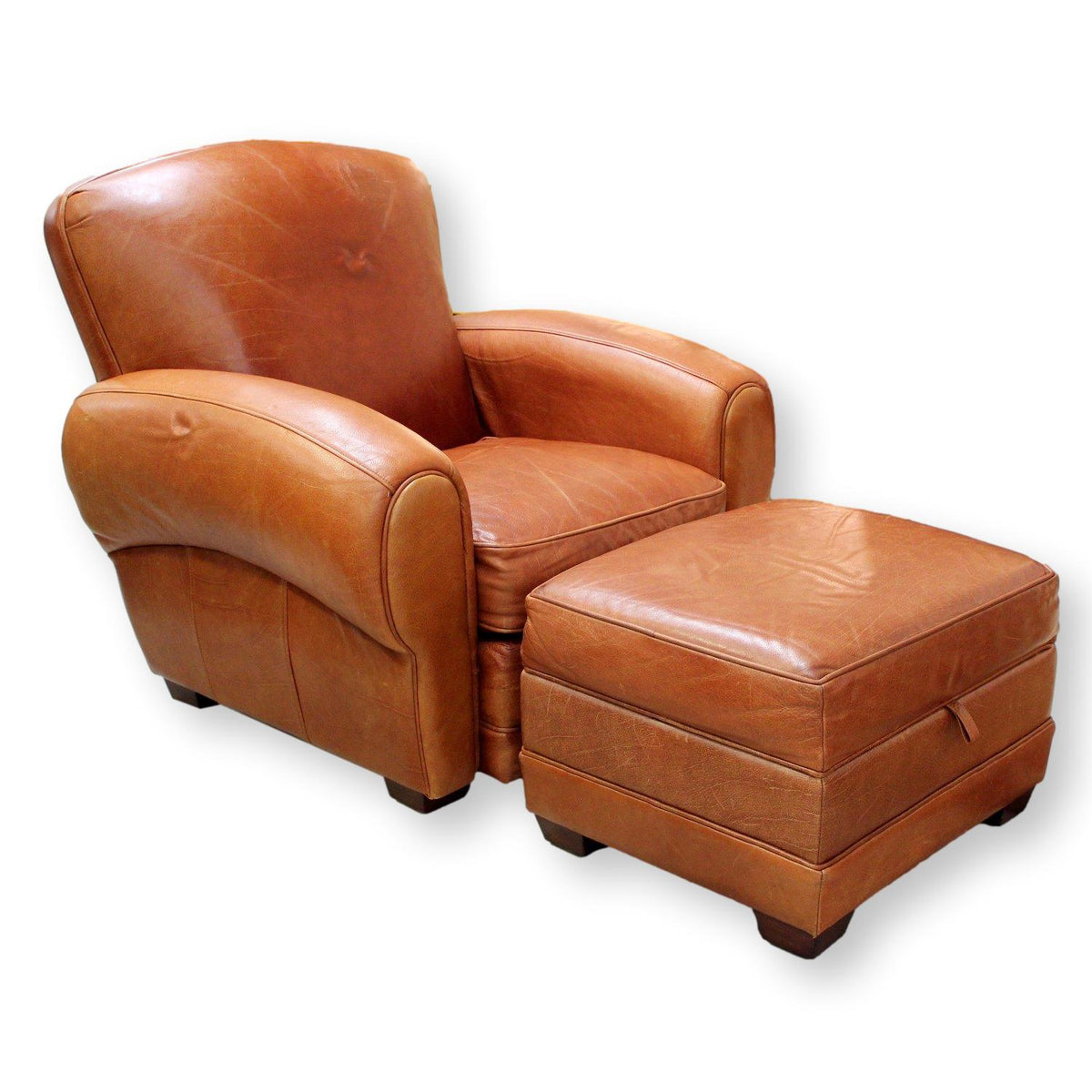 Cognac Leather Club Chair w/Storage Ottoman