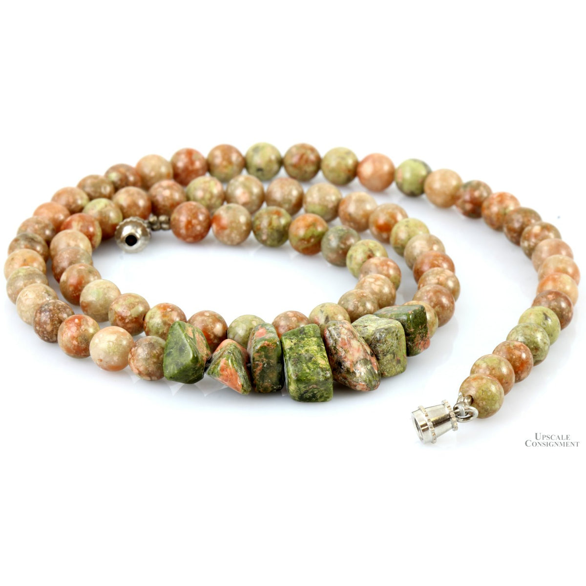 Unakite Round & Rough Bead Sterling Silver Necklace