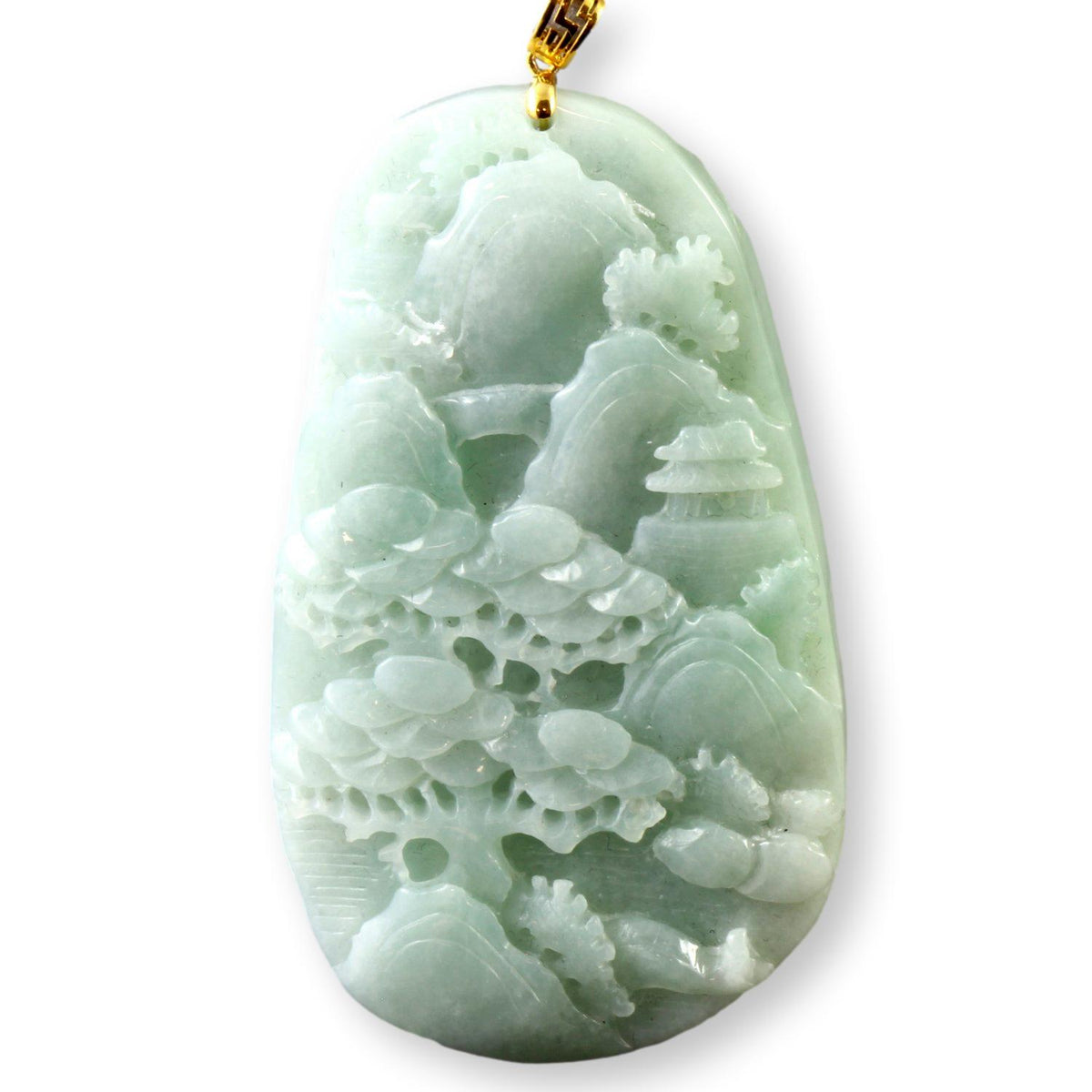 Grade A Burmese Green Jadeite Jade Landscape Pendant 18K Bail