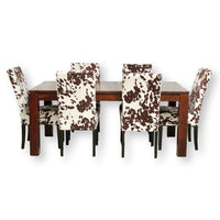 Solid Wood Distressed Dining Table w/6 Cowhide Print Chairs