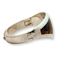Vintage Mexican 950 Fine Silver Multi-Stone Inlay Hinged Bangle Bracelet
