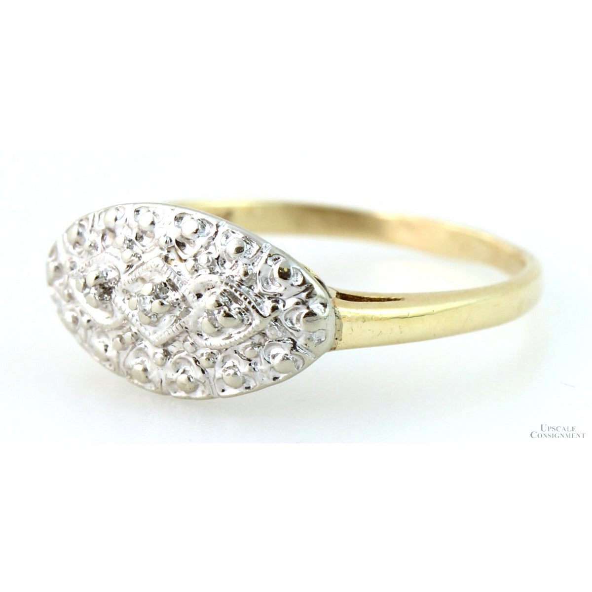Vintage Two-Tone 10K Gold Art Deco Embossed Oval Face Diamond Ring
