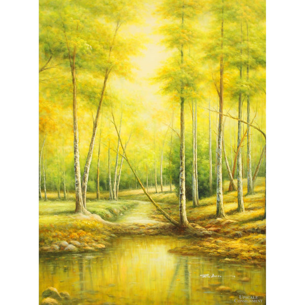 Framed Original Painting Vibrant Yellow/Green Forest w/Stream
