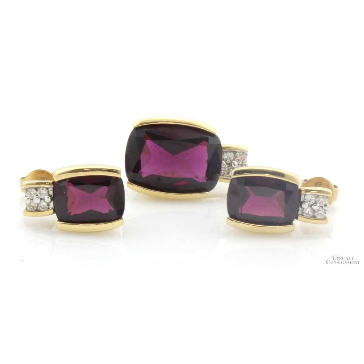 14K Gold Rhodolite Garnet & Diamond Pendant & Earring Set