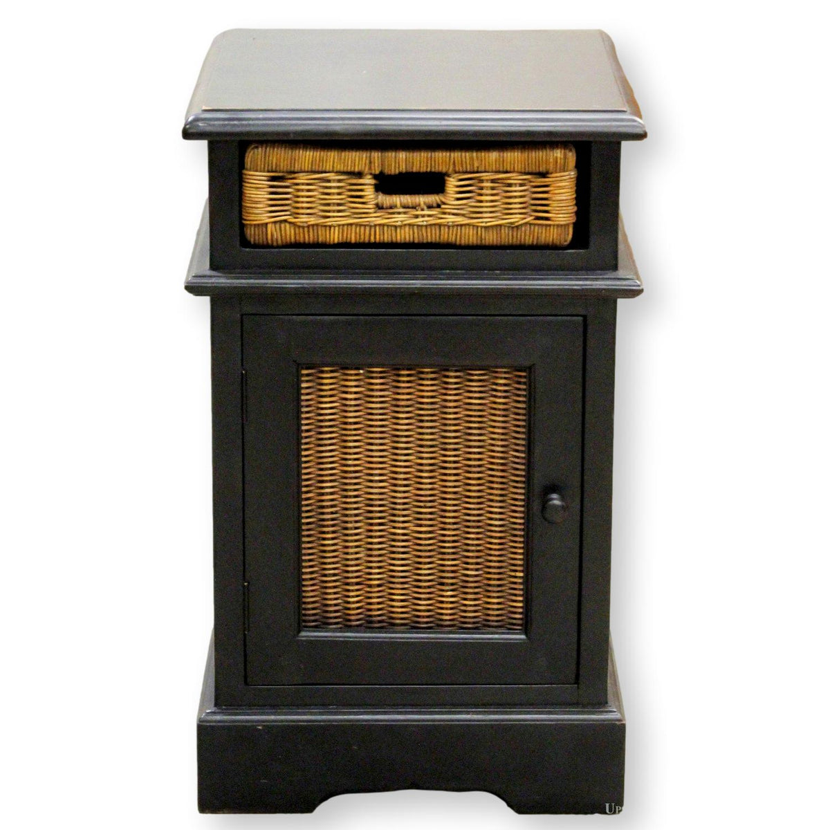 Black Nightstand w/Wicker Drawer & Cabinet