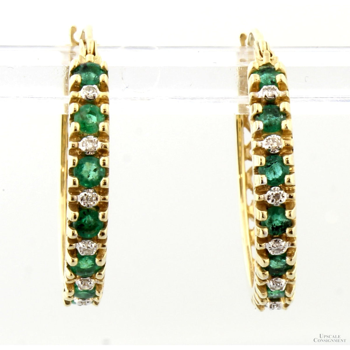 Natural Emerald & Diamond Hoop Earrings in 14K Gold