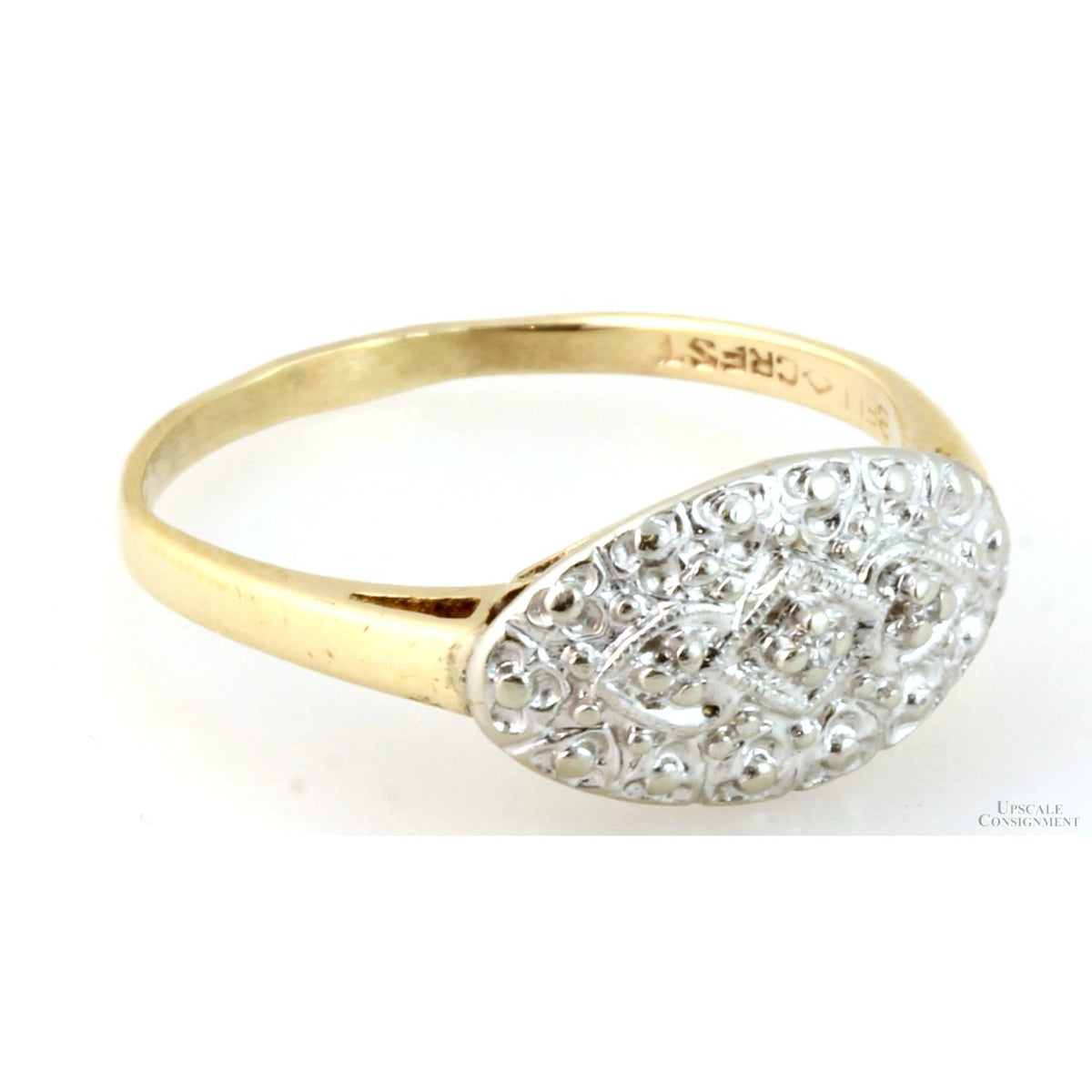 Vintage Two-Tone 10K Gold Art Deco Embossed Oval Face Diamond Ring