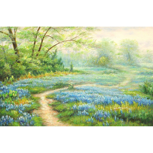 Framed Original Oil Green Path Blue Flowers