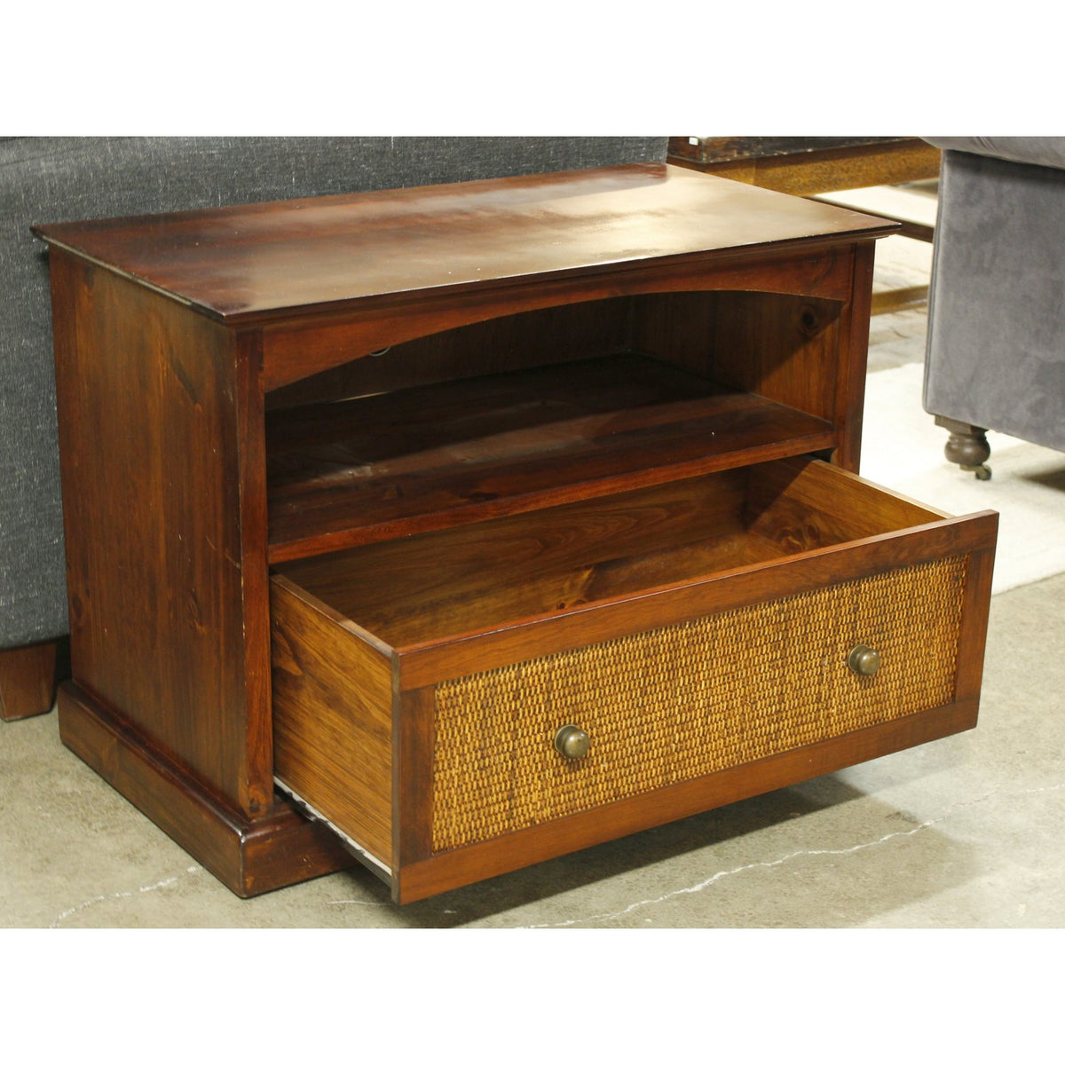 Pier 1 Imports Dark Finish Pine & Wicker Media Console