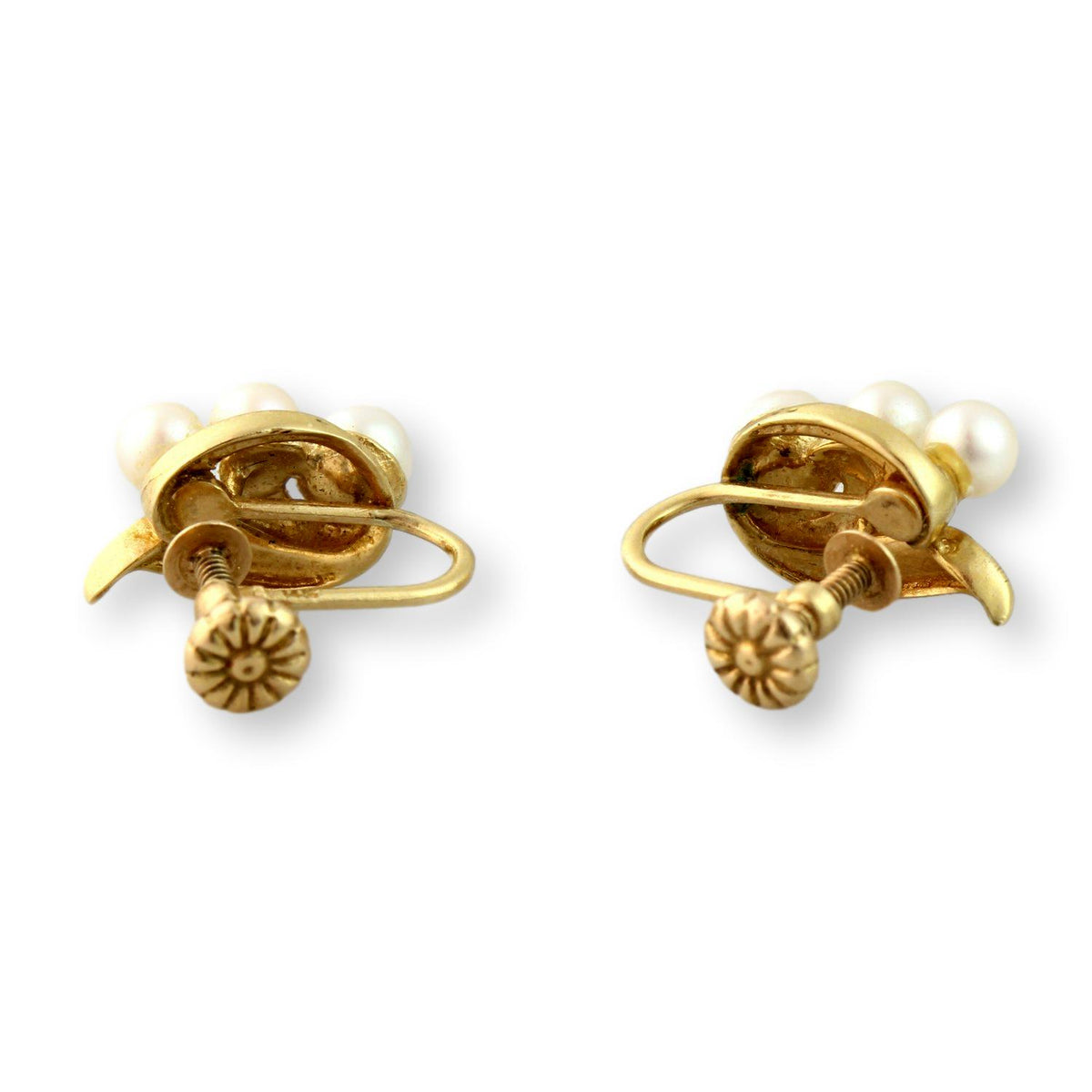 Three-Pearl Mid-Century Screwback Earrings 14K Two-Tone Finish Gold
