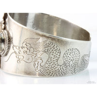 Sterling Silver 3-Stone Rainbow Moonstone Etched Dragon Cuff