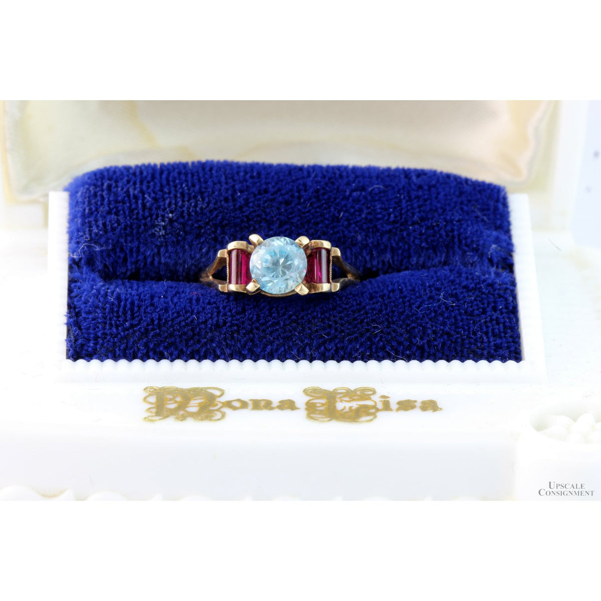 Art Deco Natural Blue Zircon & Created Ruby 10K Gold Ring