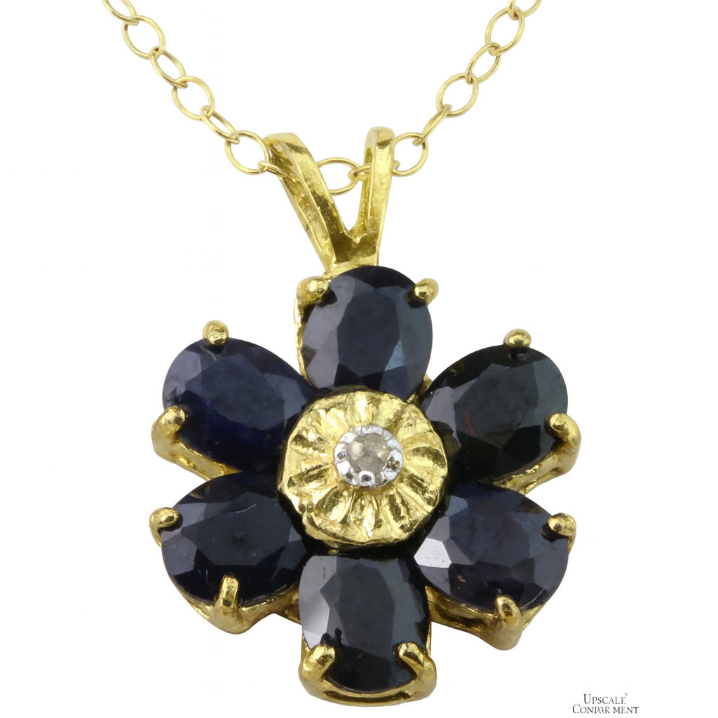 5ctw Black Sapphire & Diamond 18K Gold Vermeil Necklace