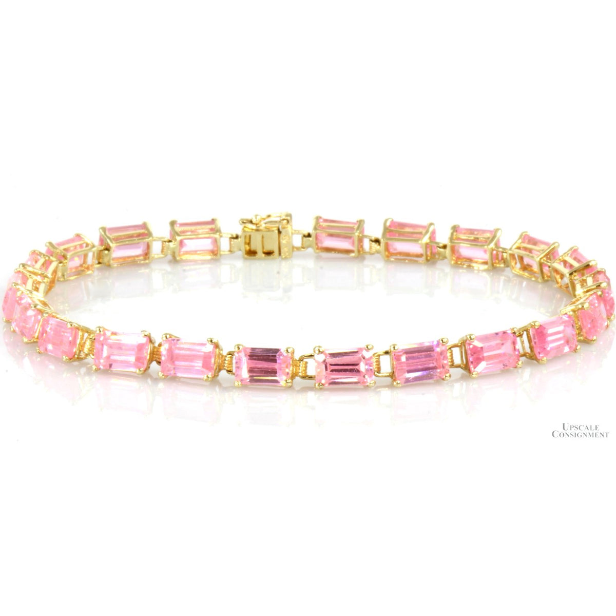 10K Gold Emerald Cut Pink Cubic Zirconia Link Bracelet