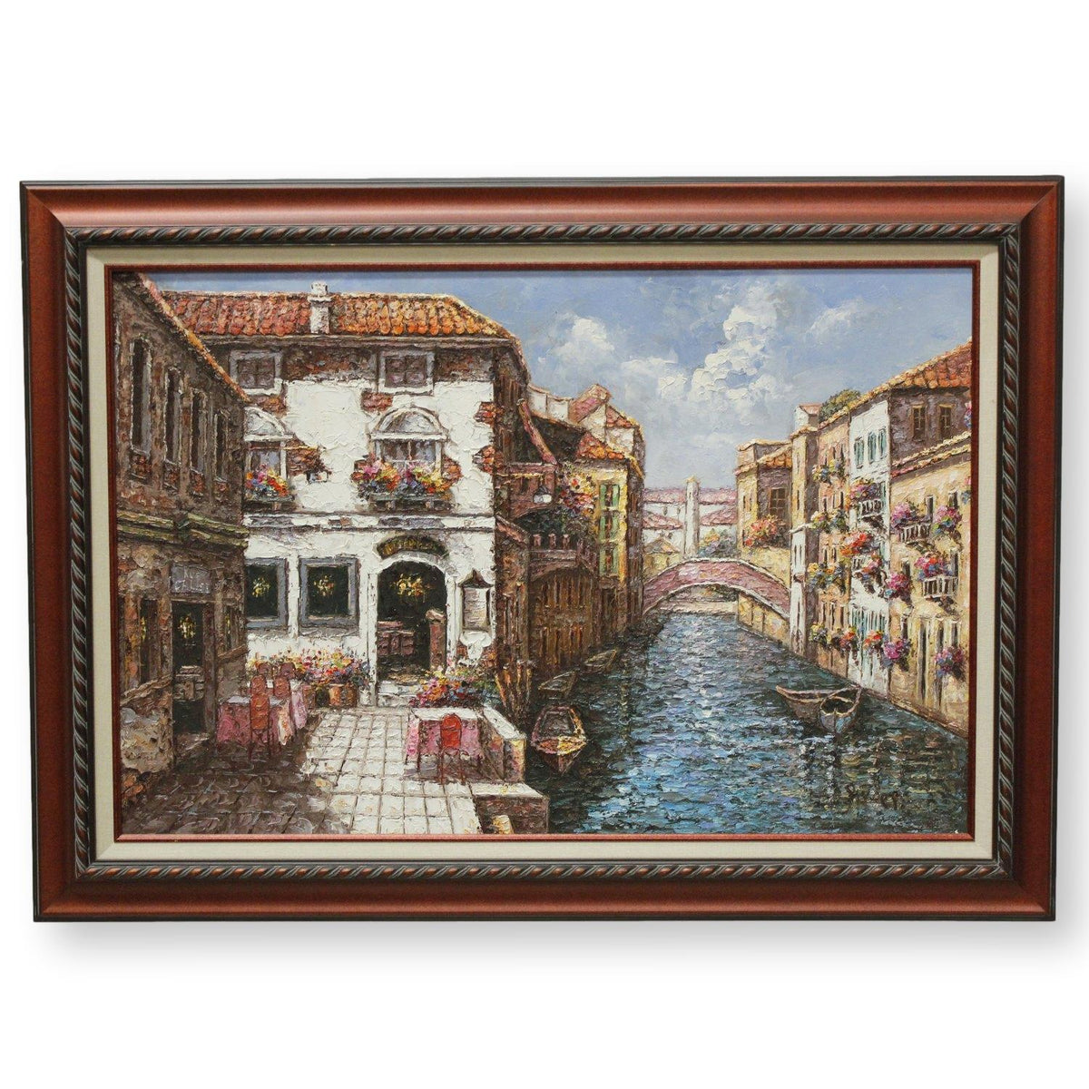 Framed Original Oil Painting of Venice Canal & Cafe