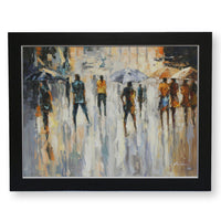 Framed Hand Embellished Oil - People Walking in the Rain