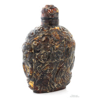 Chinese Hand-Carved Natural Amber Snuff Bottle | High Relief Phoenix & Shou Symbol
