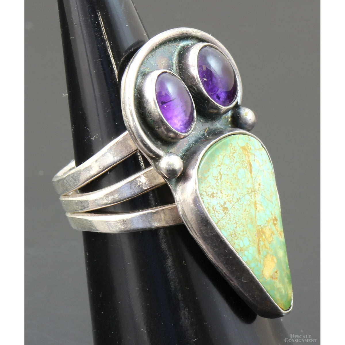 Greenish Turquoise & Amethyst Sterling Silver Raven Ring