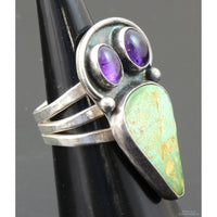 Greenish Turquoise & Amethyst Sterling Silver Raven Ring