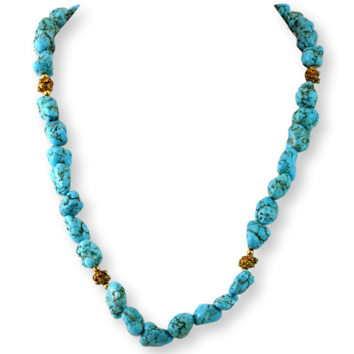 Turquoise Nugget Necklace - Brass Tone Accent Beads & Toggle Clasp