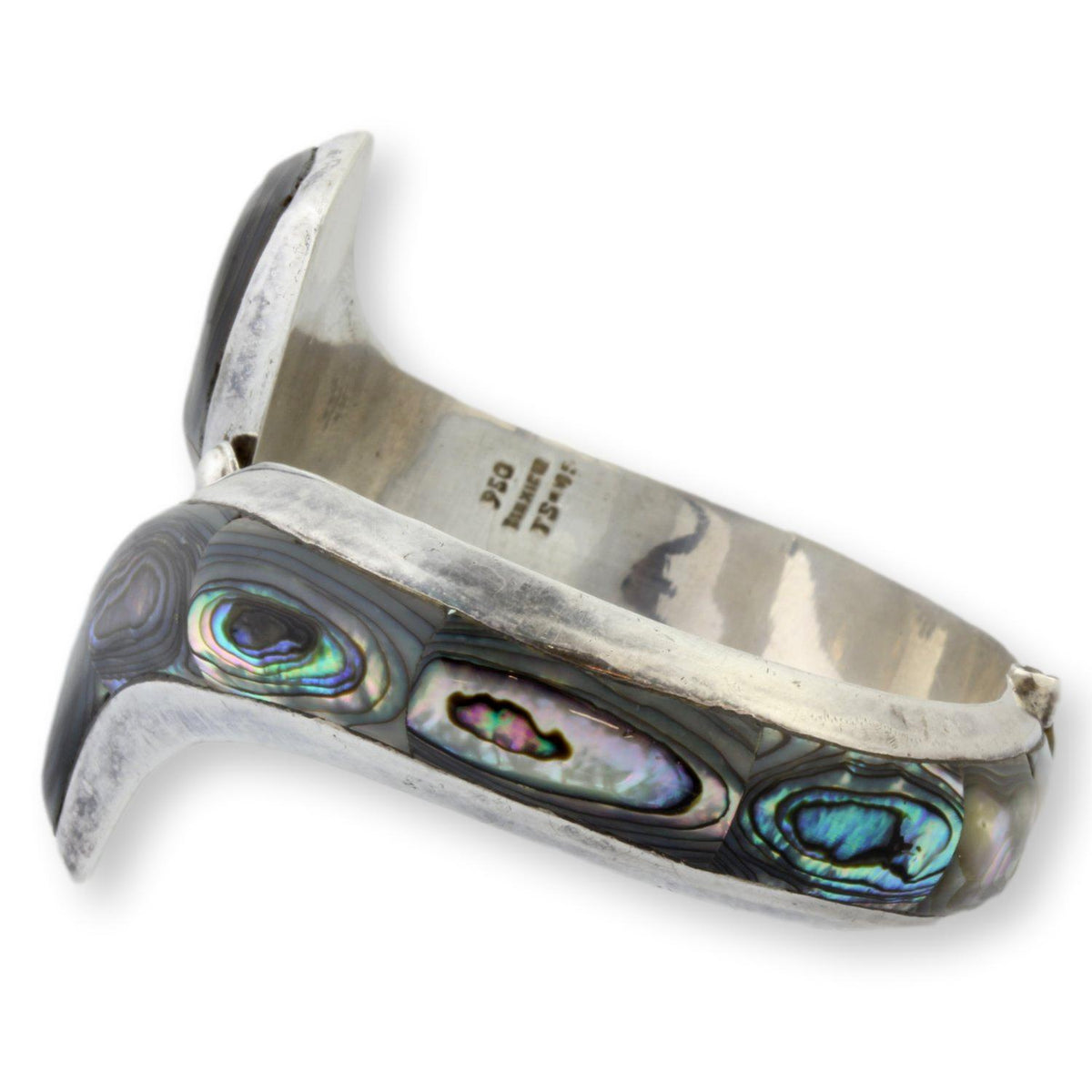 950 Fine Silver Abalone Inlay Signed Hinged Clamper Bangle