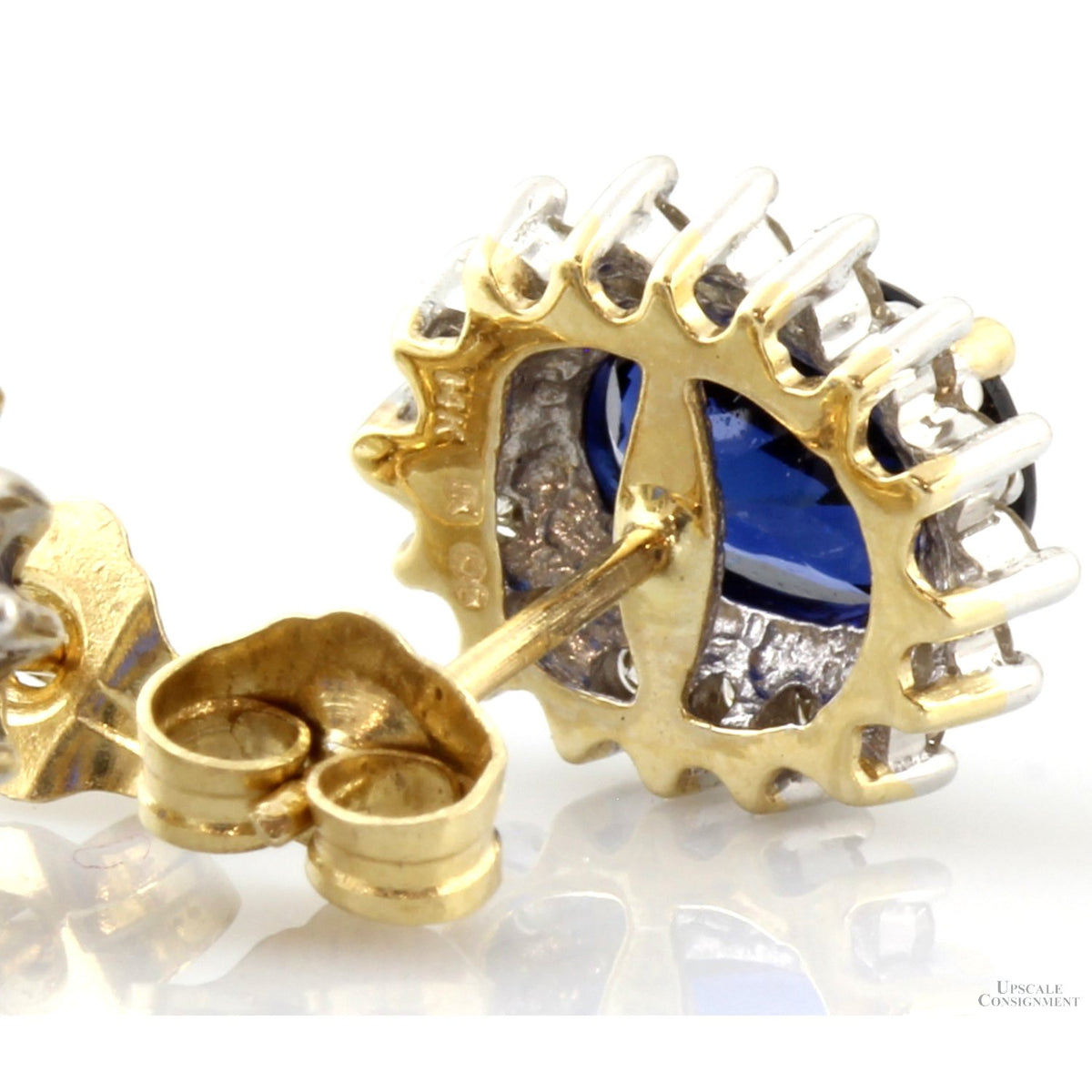 Signed Diamond Halo Blue Sapphire Earrings in 14K Gold