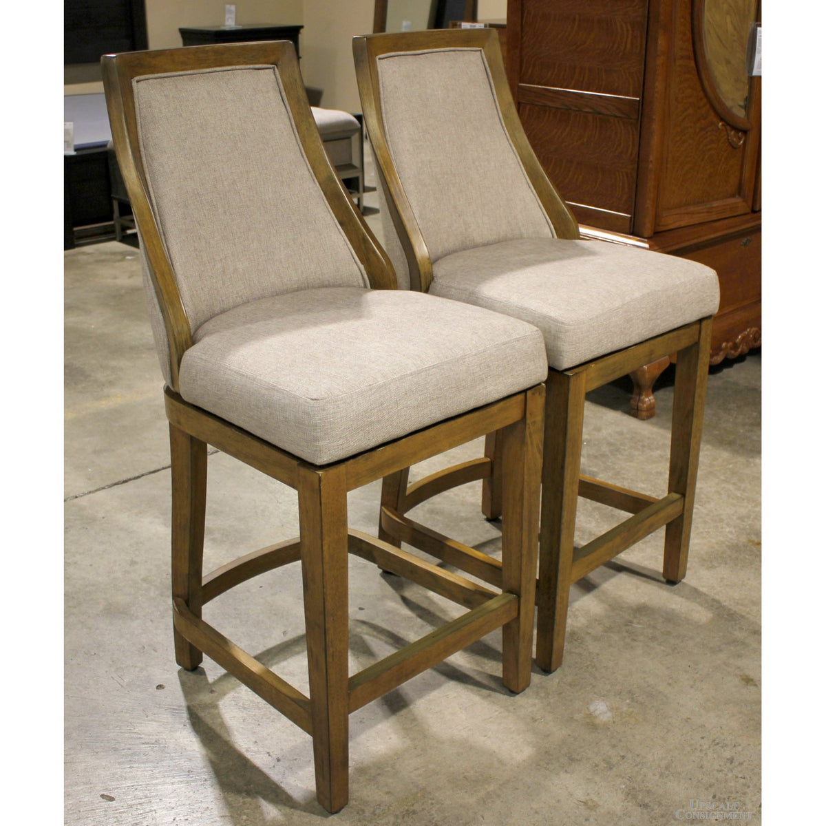 Pair of Linen & Wood Swivel Counter Stools