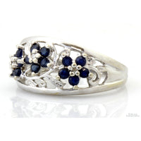 10K Gold Natural Blue Sapphire & Diamond Floral Motif  Ring
