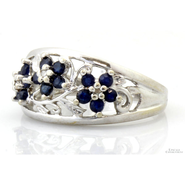 10K Gold Natural Blue Sapphire & Diamond Floral Motif  Ring