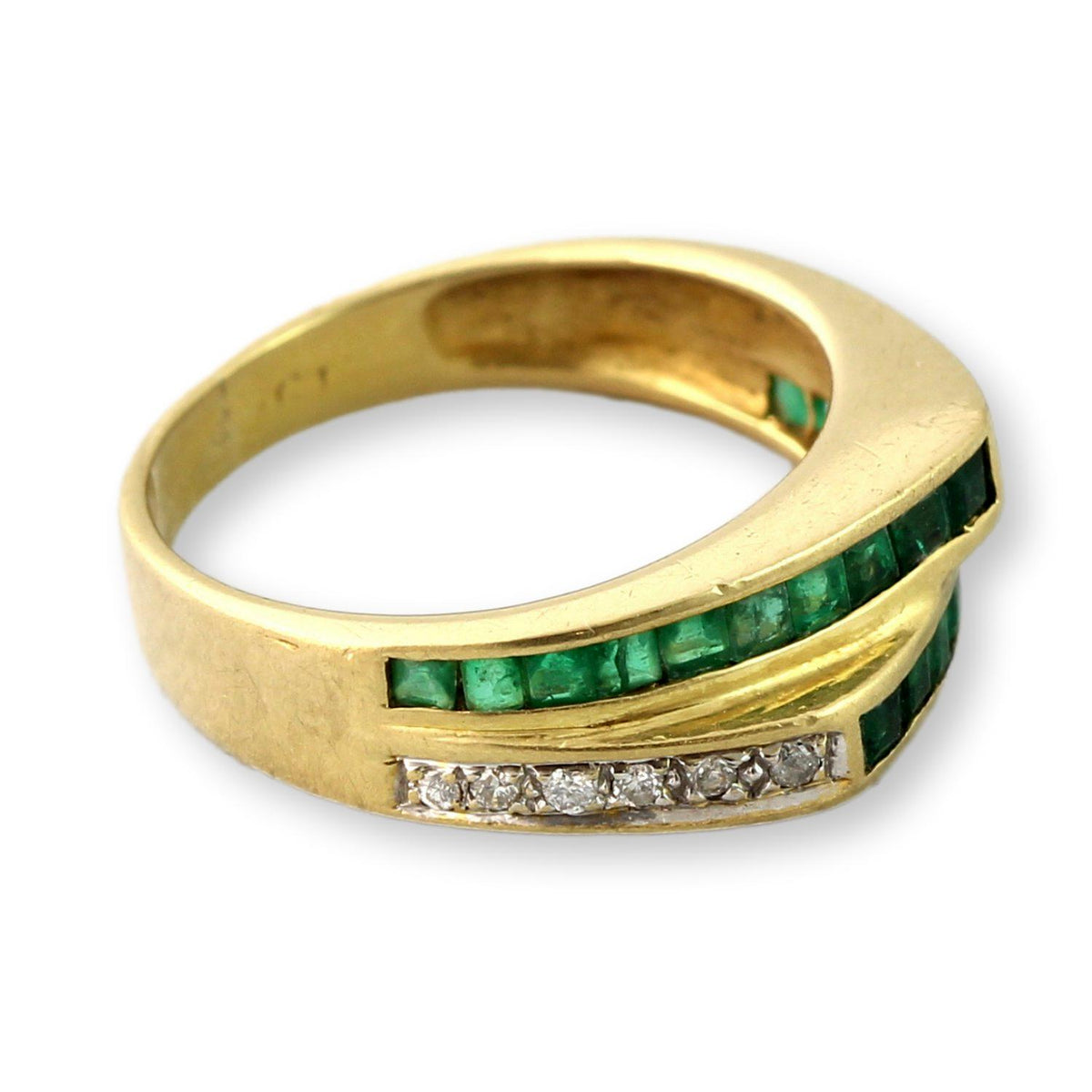 18K Yellow Gold Diamond & Emerald Ring – Tiered Deco-Inspired Design