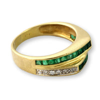 18K Yellow Gold Diamond & Emerald Ring – Tiered Deco-Inspired Design