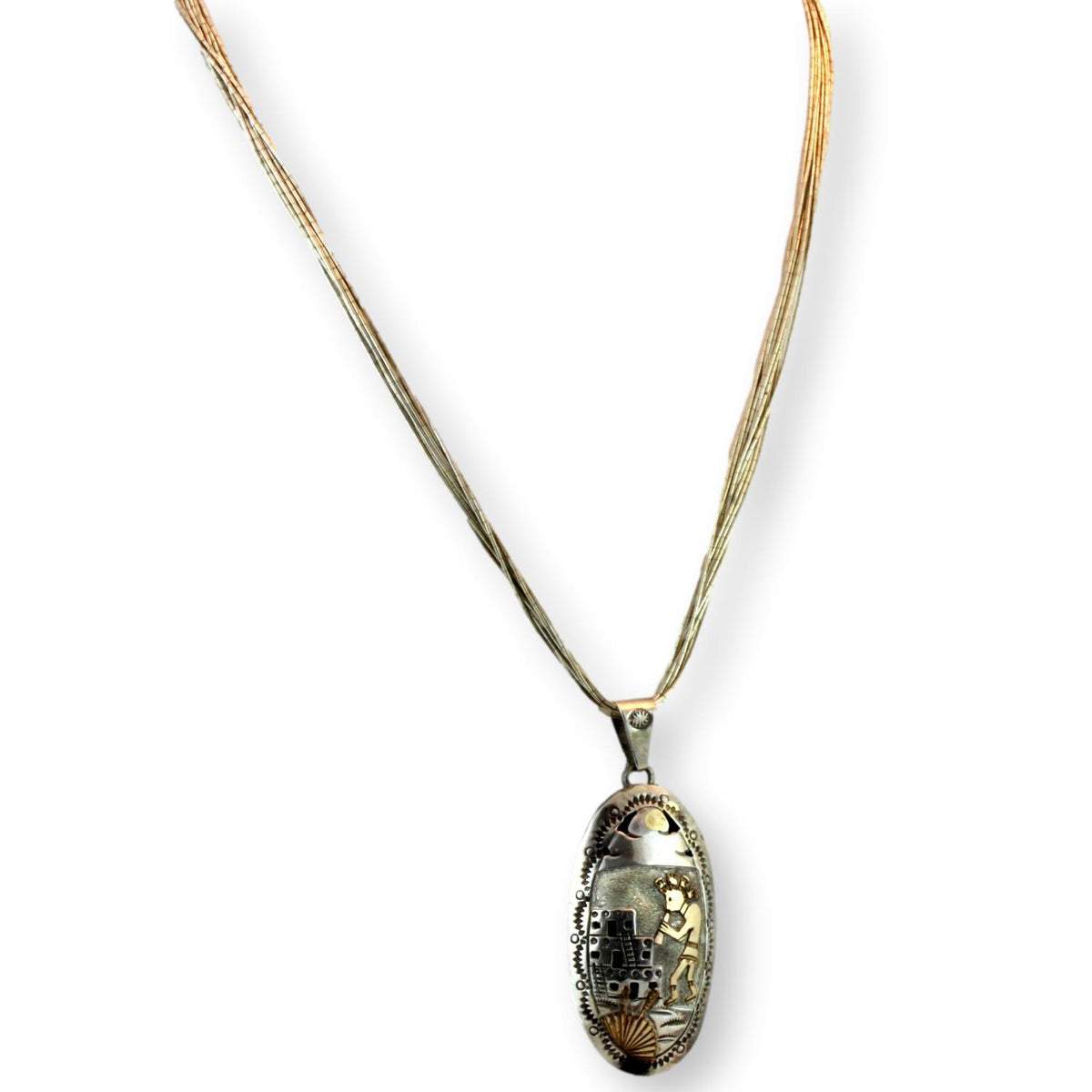 Navajo Henry Davis Sterling Silver Kokopelli Storyteller Pendant Necklace 12K Gold Overlay Liquid Silver 20”