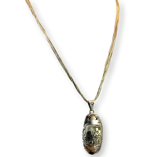 Navajo Henry Davis Sterling Silver Kokopelli Storyteller Pendant Necklace 12K Gold Overlay Liquid Silver 20”