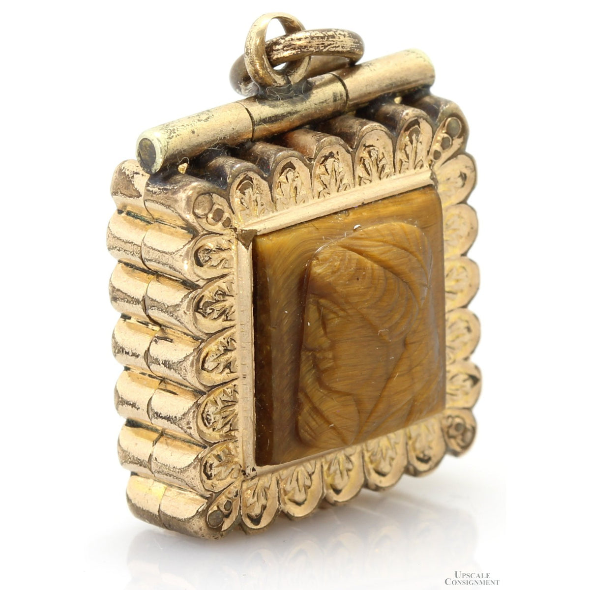 Vintage Tiger's Eye Cameo Locket Pendant with 14K Gold Accents
