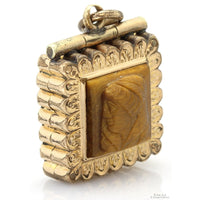 Vintage Tiger's Eye Cameo Locket Pendant with 14K Gold Accents