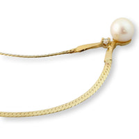7mm Pearl & Diamond Pendant 14K Gold Herringbone Chain