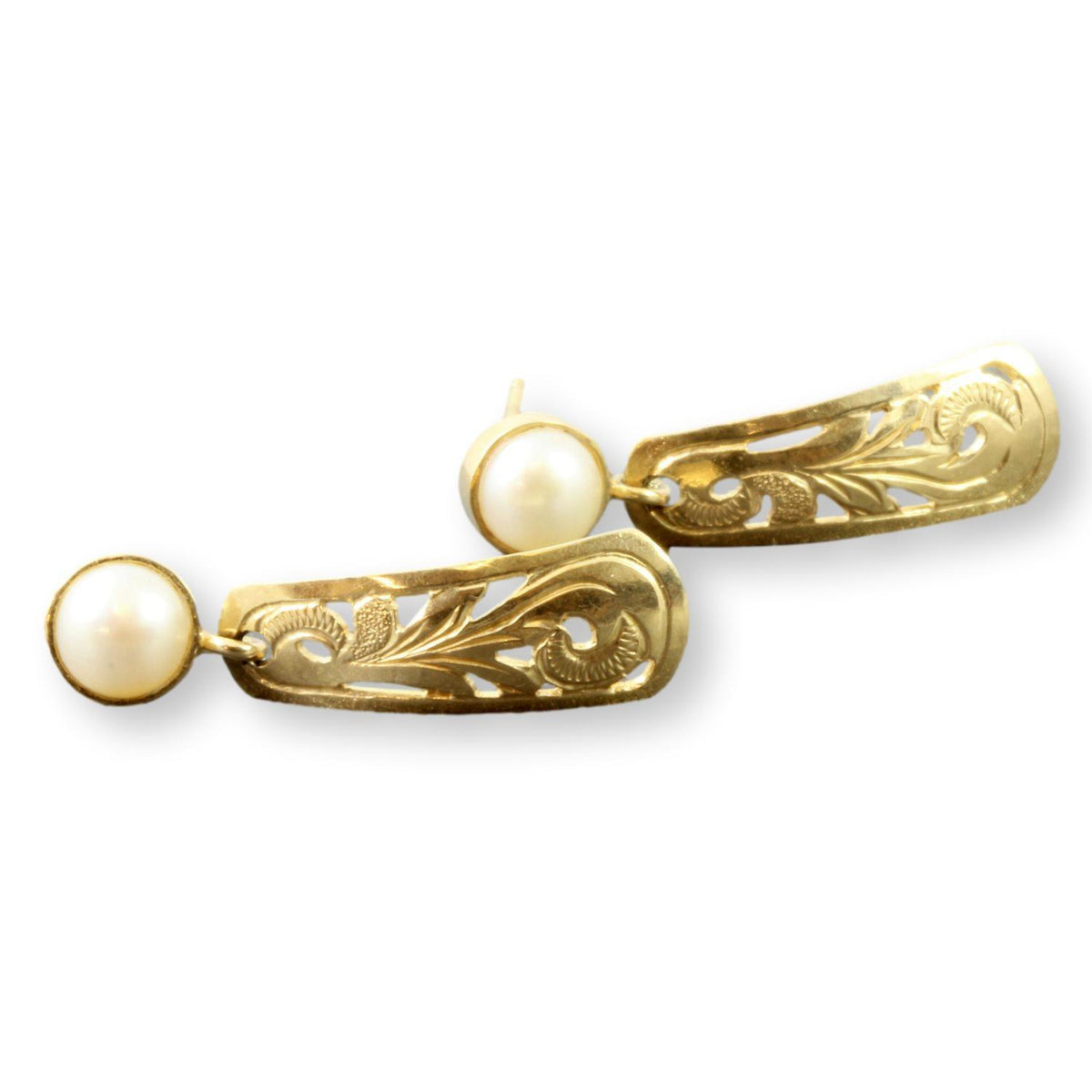 14K Gold Foliate Design Cultured Pearl Earrings