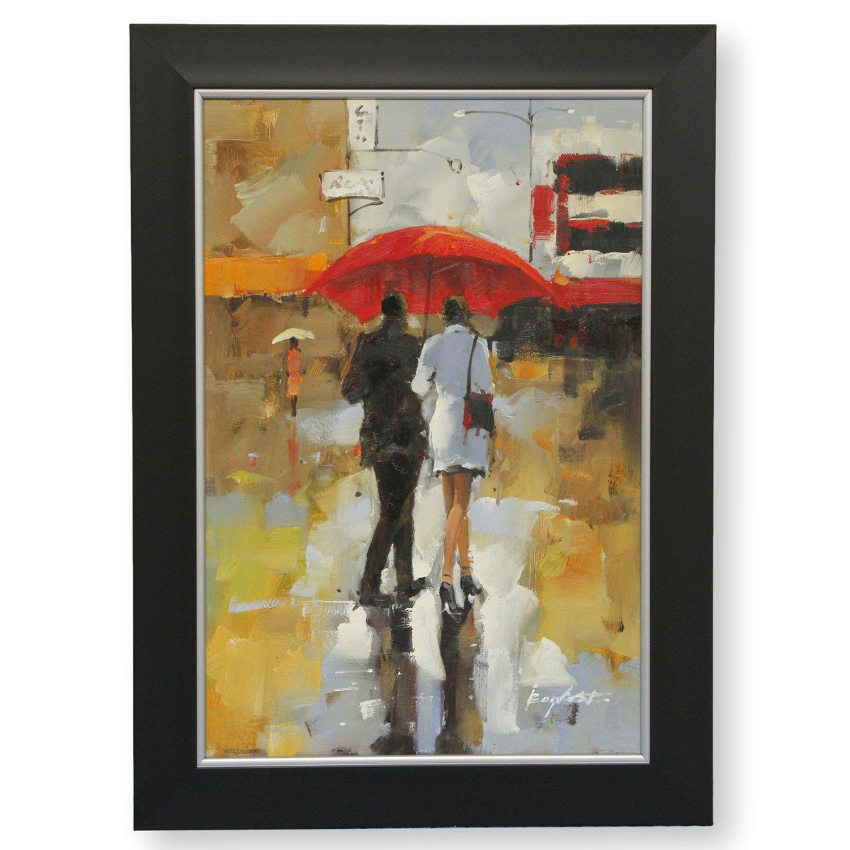 Framed Hand Embellished Oil - Couple Walking Under a Red Umbrella