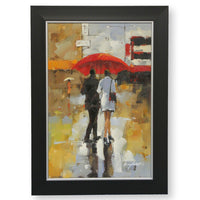 Framed Hand Embellished Oil - Couple Walking Under a Red Umbrella