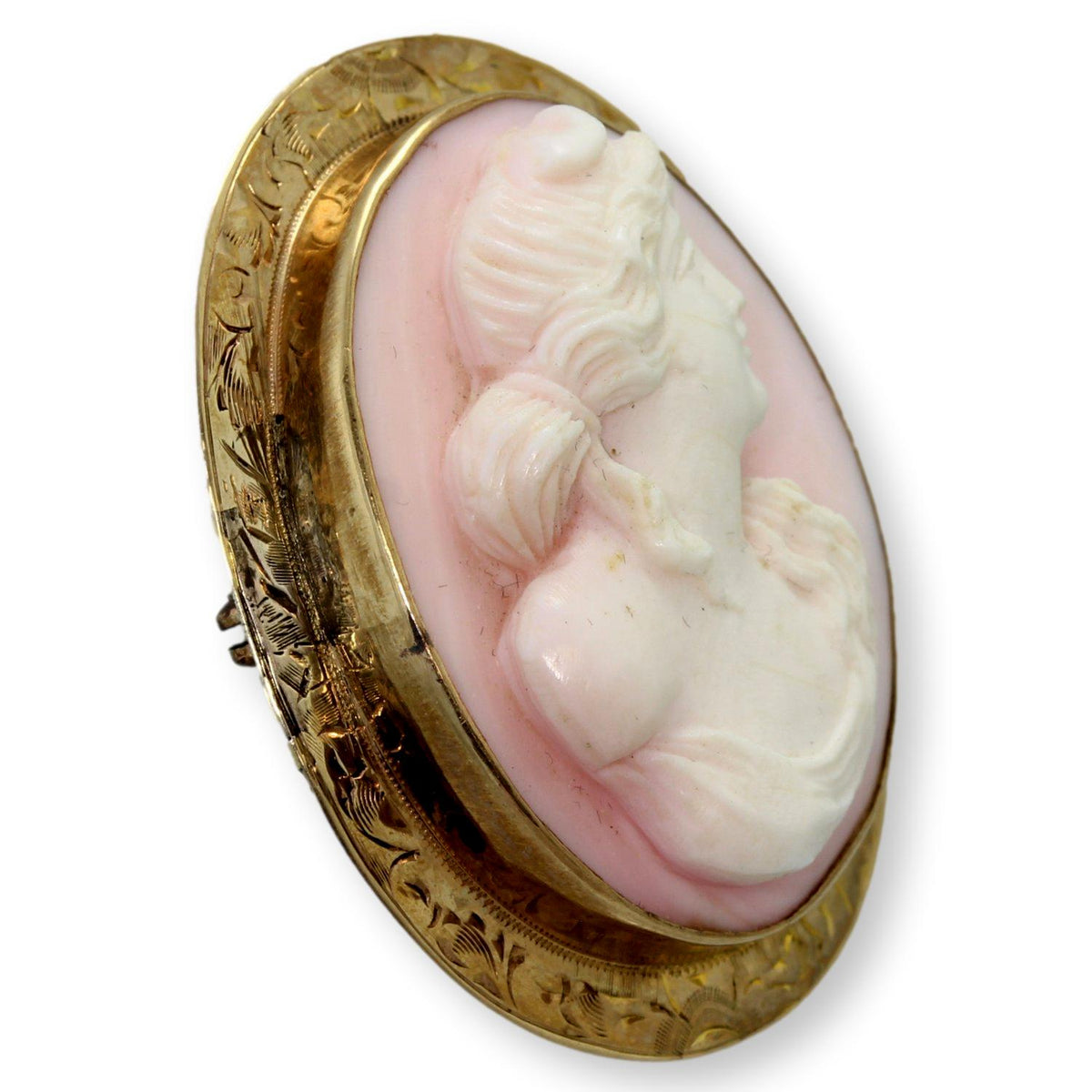 High-Relief Shell Cameo Brooch 14K Gold Engraved Frame