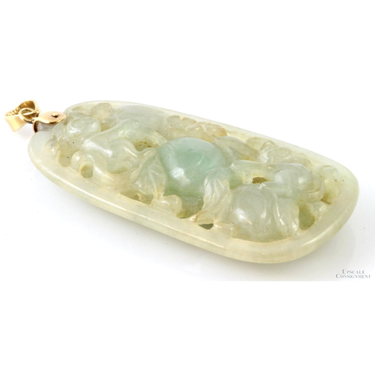 Apple Green Jadeite Jade Open Carved Design 14K Gold Pendant