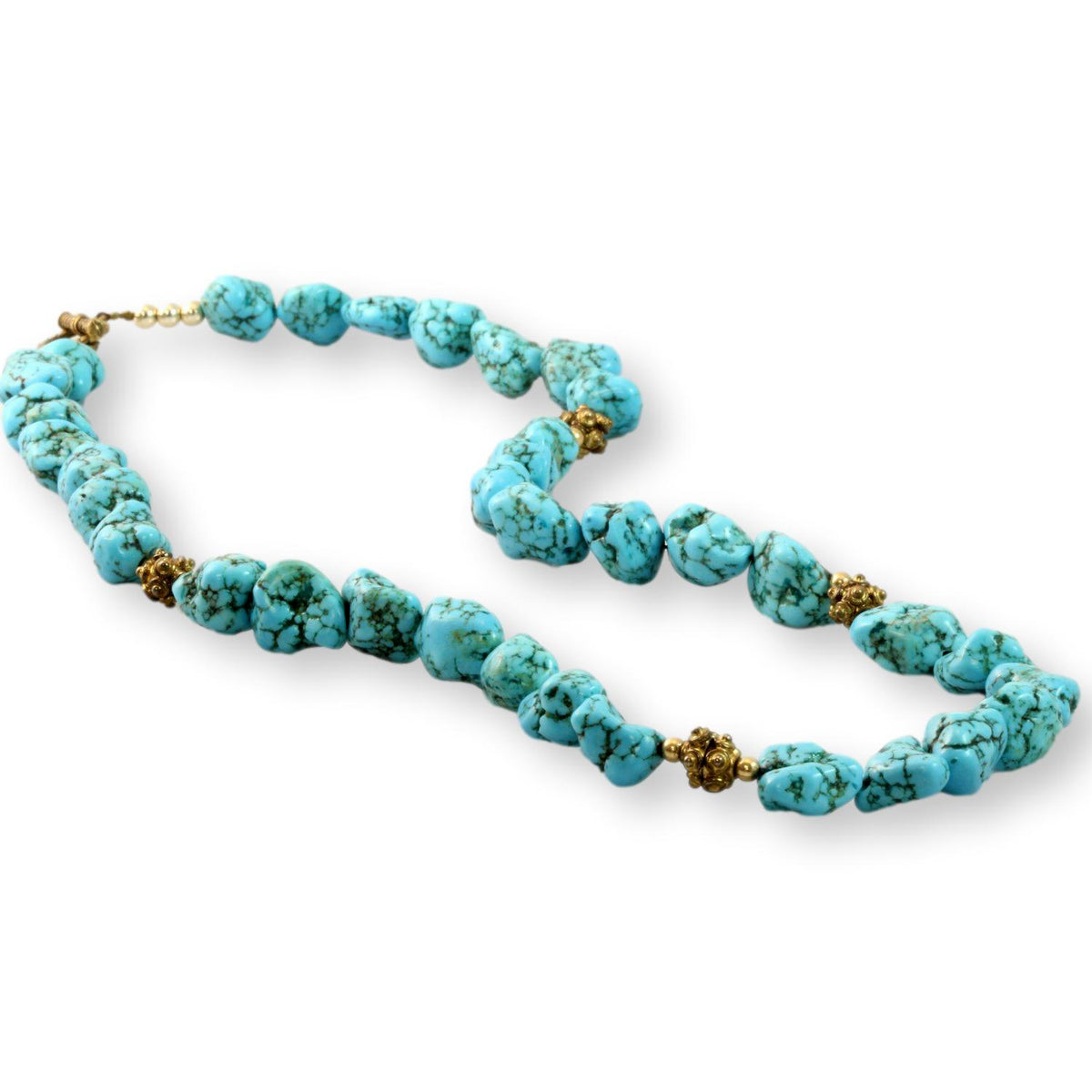 Turquoise Nugget Necklace - Brass Tone Accent Beads & Toggle Clasp